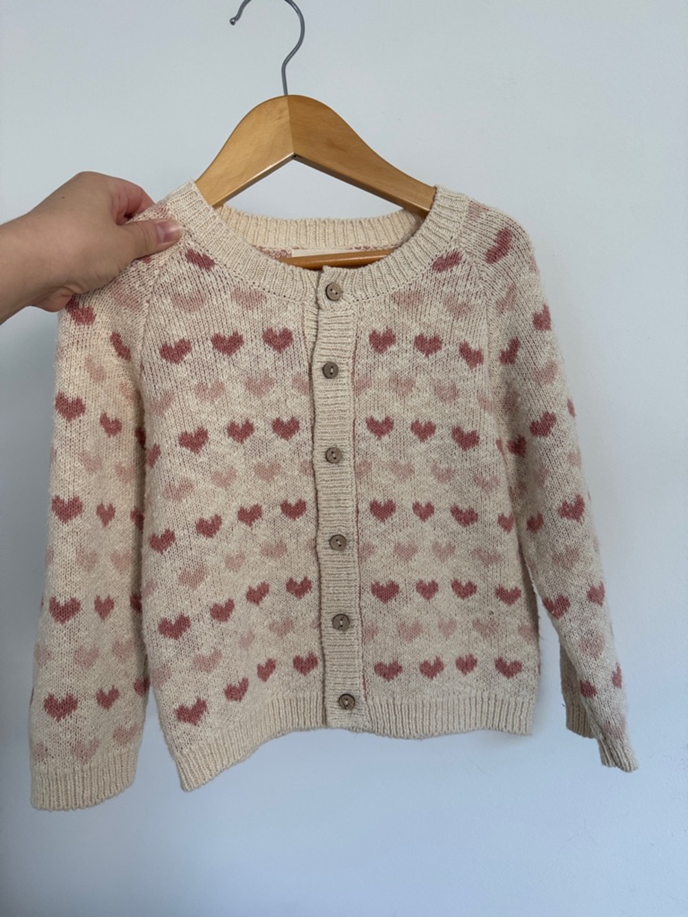 2-3Y Quincy Mae Cream Cardigan with Dusty Rose Heart Pattern